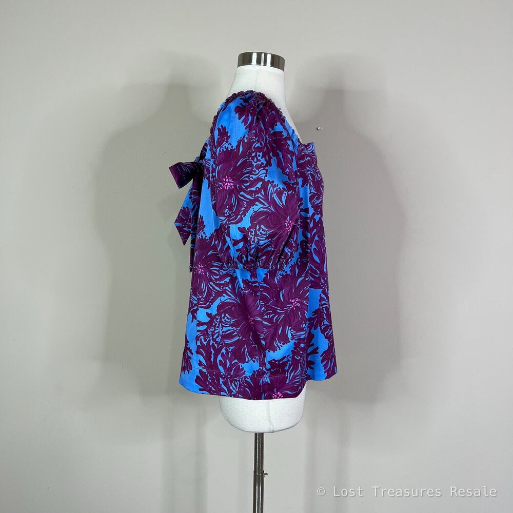 Lilly Pulitzer | Torrey Floral Puff Sleeve Blue Purple Square Neck Top Blouse 12 - Picture 4 of 10